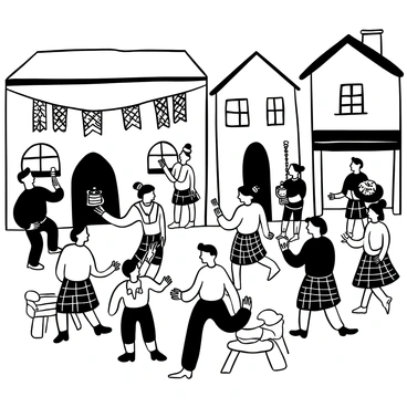 A group of people wearing traditional Scottish attire, including kilts and tartan patterns, is gathered in a village square. Some individuals are playing bagpipes while others are dancing in a circle. Decorative banners and flags depicting Scottish symbols are hanging from nearby buildings. There are wooden benches filled with food and drink, and a few people are holding mugs. The cobblestone ground is visible beneath the crowd, adding texture to the scene.