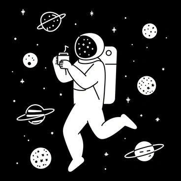A whimsical illustration of an astronaut enjoying coffee in space, with planets and stars in the background.