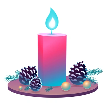A lit red candle flickering softly, casting a warm glow. It is placed at the center of a wooden table. Surrounding the candle are several natural pine cones, their textured surfaces contrasting with the smoothness of the candle. Scattered among the pine cones are various holiday decorations, including shiny gold ornaments and sprigs of evergreen, adding a festive touch to the scene. The candlelight reflects off the decorations, enhancing the cozy atmosphere.