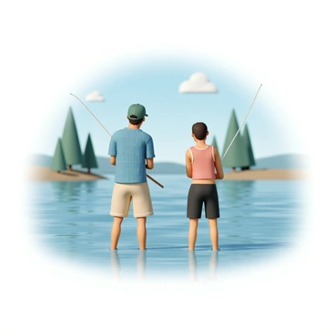 Two friends are standing by a tranquil lake, casting their fishing lines into the clear blue water. One friend is wearing a green baseball cap, a blue plaid shirt, and khaki shorts, while the other is dressed in a red tank top and black swim trunks. They both hold fishing rods, focused on the water. Around them, the scenery includes tall green trees and a bright blue sky. The sunlight reflects off the surface of the lake, creating a shimmering effect.