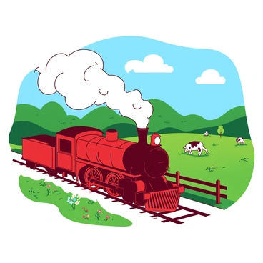 A red steam train with a shiny black locomotive is traveling through a picturesque countryside. The train is billowing a thick trail of white smoke from its chimney as it moves along the tracks. Lush green fields stretch out on either side, dotted with colorful wildflowers and a few grazing cows. In the background, gently rolling hills rise under a clear blue sky, with fluffy white clouds scattered above. A small wooden fence runs alongside the tracks, completing the tranquil rural scene.