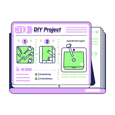 A neatly organized page layout from a DIY handbook is displayed. At the top of the page, there is a large heading that reads "DIY Project" in a bold font. Below the heading, there are three step-by-step illustrations, each labeled clearly. The first illustration shows the necessary tools arranged on a workbench, including a hammer, screwdriver, and paintbrush. The second illustration depicts the assembly process of the project, featuring different parts being connected with arrows indicating the sequence. The third illustration presents the final product, showcasing a completed project with a clean background. To the side, there are bullet points listing essential tips and materials needed for the project.