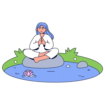 A person sitting cross-legged on a smooth stone by a quiet pond. The person has long flowing hair and is wearing a simple white robe. They have their eyes closed and hands resting on their knees, with fingers forming a mudra gesture. The pond is surrounded by green grass and a few small rocks, with gentle ripples on the water's surface reflecting the clear blue sky. A single lotus flower floats nearby, adding a touch of color to the serene scene.