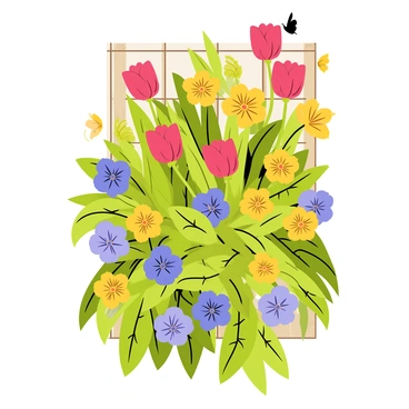 A living wall art piece featuring a vertical garden filled with a variety of flowering plants. The arrangement includes bright red tulips, yellow daisies, and purple petunias, all densely packed to create a vibrant display. The plants are anchored to a wooden frame that supports the structure, with lush green foliage interspersed among the colorful blooms. The background is a light neutral wall that enhances the vivid colors of the flowers. Small butterflies can be seen fluttering around the garden, adding motion to the scene.