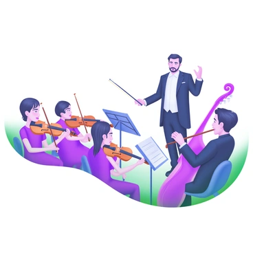 A modern pastel illustration of a conductor standing confidently at the front of an orchestra. The conductor is holding a baton and wearing a formal black suit, while displaying an expressive posture. In the foreground, various musicians are seated with intense concentration, playing different instruments such as violins, cellos, and flutes. Each musician is depicted with detailed facial expressions that reflect their focus. The musicians are arranged in a semi-circle around the conductor, creating a sense of harmony and unity in the performance. The stage is illuminated with soft lighting, highlighting the musicians and their instruments.