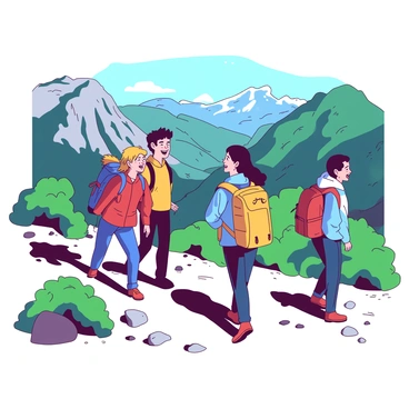 A group of five friends is hiking up a rugged mountain trail. They are wearing colorful hiking gear, including a red jacket, a yellow backpack, and blue trekking pants. Each friend has a distinct hairstyle and is engaged in conversation, with smiles on their faces. The trail is flanked by green bushes and scattered rocks. In the background, there are breathtaking views of deep valleys and towering peaks, with varying shades of green and gray. The sky is clear, allowing sunlight to illuminate the scene and cast soft shadows on the ground.
