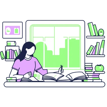 An artist with long hair is sitting at a wooden table cluttered with books and reference materials. The table is filled with open books displaying sketches and color palettes. Next to the artist, there is a stack of additional books that are closed. The artist is wearing a simple shirt and has a concentrated expression on their face as they take notes in a sketchpad. Around the artist, the room is lined with shelves filled with various art books and supplies. A large window allows natural light to illuminate the workspace, casting soft shadows on the table.