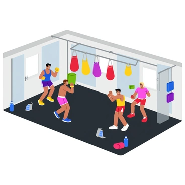 A modern gym with a bright, open layout featuring several athletes training in Muay Thai techniques. Each athlete is wearing traditional training gear, such as shorts and hand wraps. In the center of the gym, there are multiple punching bags hanging from the ceiling, swaying slightly as they are struck. The floor is covered with dark mats for safety, and mirrors line the walls, reflecting the intense focus of the athletes. A few water bottles and towels are placed on the sidelines, ready for the training session.