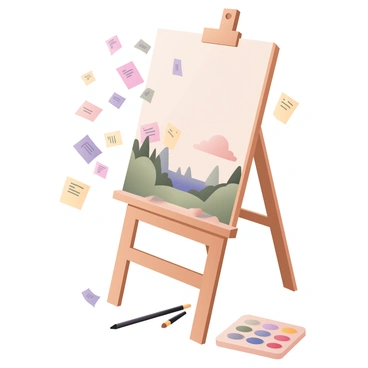 A digital flat illustration depicting an easel with a half-finished illustration on a blank canvas. The easel is wooden, with a natural finish, standing on a light-colored wooden floor. Surrounding the easel, there is a whirlwind of colorful feedback notes in various sizes and colors, such as pink, yellow, green, and blue, each with short phrases written in black. Some notes are fluttering in the air while others are scattered across the floor. The half-finished illustration features a vibrant landscape with trees and clouds, partially detailed. A paint palette with a variety of colors and a few paintbrushes are positioned near the base of the easel. A soft light is illuminating the scene, highlighting the colors of the notes and the artwork.