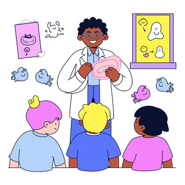 A cheerful cartoon doctor with a big smile and round glasses is standing in a colorful room. The doctor is wearing a white coat and holding a large, friendly diagram of an ear. There are fun illustrations around the room, including cartoon germs and happy ears with smiling faces. The children are sitting in front of the doctor, looking engaged and curious. The walls are decorated with bright, playful posters about health.