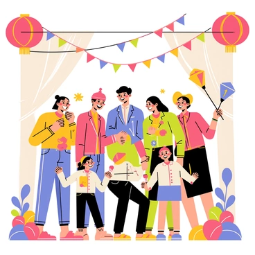 A fun Tet-themed picture booth with props where families and friends pose for festive photos.