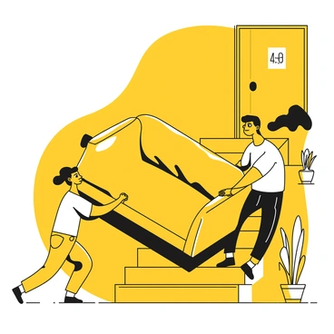 A group of three friends carrying a large couch up a flight of stairs in an apartment building. Two friends are gripping each end of the couch, while the third friend is navigating the stairs ahead of them. The couch is covered in fabric, and the friends are dressed casually in t-shirts and jeans. The stairwell is lined with yellow walls and has a simple railing. A potted plant is placed on a landing, and a door is visible at the top of the stairs with a number on it. The friends are focused on lifting the couch, showing determination on their faces.