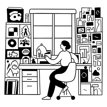 An illustrator sitting at a large desk covered with sketching materials and art supplies. Around the illustrator, there are multiple inspiration boards filled with various images, patterns, and textures. Each board is densely populated with cutouts and sketches, creating a vibrant collage of ideas. The room is organized with bookshelves lined with art books and tools, enhancing the creative atmosphere. A large window allows light to stream in, illuminating the workspace and showcasing the illustrator's dedication to their craft.