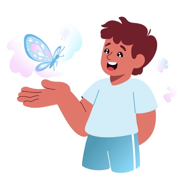 A child with tousled hair is holding out their hand, palms up, as a butterfly rests gently on their fingers. The butterfly has intricate wings with bright colors and delicate patterns. The child is wearing a colorful t-shirt and shorts, with a look of amazement and joy suggested by their posture. Soft, gradient pastel colors fill the background, creating a dreamy atmosphere that enhances the sense of wonder in the scene.