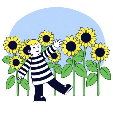 A mime in a black and white striped outfit stands in a vibrant field filled with tall sunflowers. The mime has a playful expression and is pretending to pick the sunflowers, with one hand reaching out towards a large sunflower while the other hand is playfully mimicking a pulling action. The sunflowers tower over the mime, their bright yellow petals contrasting with the green leaves, creating a lively atmosphere. The sky above is clear blue, adding to the cheerful setting.
