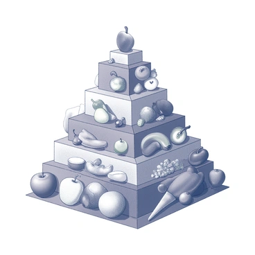 A food pyramid structure with distinct layers representing different food groups. The base layer contains various fruits, including apples, bananas, and berries, arranged in a way that emphasizes their variety. The second layer features an assortment of vegetables such as carrots, spinach, and bell peppers. The middle layer displays gluten-free grains like quinoa, brown rice, and gluten-free oats. Above that, there is a layer showcasing proteins, including chicken, fish, legumes, and nuts. The top layer contains healthy fats like avocados and olive oil. Each layer is clearly defined and labeled, illustrating the concept of a balanced gluten-free diet.