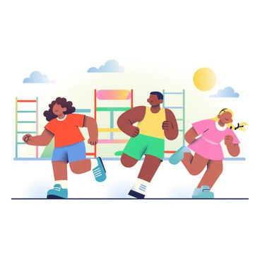 A group of three energetic children is racing on a school playground. The first child, a girl with curly brown hair, is wearing a bright red t-shirt and blue shorts, her sneakers kicking up dust as she runs. The second child, a boy with straight black hair, is dressed in a yellow tank top and green shorts, his arms pumping at his sides. The third child, a girl with braided blonde hair, is wearing a pink dress, her feet barely touching the ground as she sprints ahead. The playground features a colorful jungle gym in the background, with swings swaying gently and the sun shining brightly overhead, casting playful shadows on the ground.