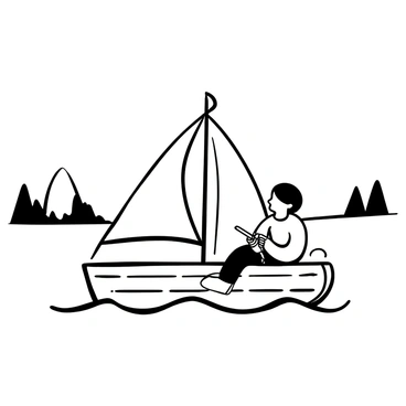 A boy sitting in a small sailboat, gripping the steering tiller firmly. The sailboat is gliding across a calm lake with the sails fully expanded, indicating a strong gust of wind. Gentle waves ripple around the boat as it moves. In the background, a few distant trees line the shore, adding to the serene atmosphere of the scene.