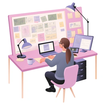 A digital flat illustration depicting an illustrator sitting at a large desk cluttered with sticky notes in various colors. The illustrator is a woman with long brown hair tied back in a ponytail, wearing glasses, a blue sweater, and black jeans. She is focused on her storyboard, which features several colorful panels with character sketches and action sequences. Around her workspace, there are sticky notes pinned to the wall, some with doodles and others with brief annotations, while a few are scattered on the desk. A cup of coffee sits beside her, and there is a laptop open with design software visible on the screen. A bright desk lamp illuminates the scene, creating a vibrant atmosphere of creativity and productivity.