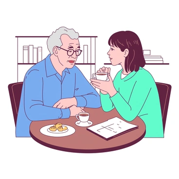 A senior employee with gray hair and glasses is sitting at a round wooden table in a cozy coffee shop. The employee is wearing a blue shirt and is leaning slightly forward, showing engagement. Across from them, a younger colleague with short dark hair is attentively listening and holding a cup of coffee in both hands. The younger colleague is wearing a light teal sweater. On the table, there are two coffee cups and a small plate with pastries. The background features soft lighting and a shelf with books, contributing to the casual atmosphere.