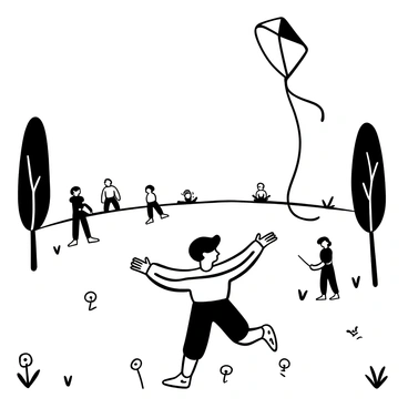 A child with short hair, wearing a striped shirt and shorts, running through a grassy park with arms wide open. There are trees with textured bark lining the path, and a few distant children playing with a ball. A kite is flying in the sky, tethered to the child's wrist, creating a sense of movement and playfulness. The ground is dotted with dandelions and small patches of wildflowers.