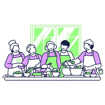 A group of seniors is gathered in a community center kitchen, engaged in cooking activities. They are working together at a large wooden table filled with donated food items, including vegetables, grains, and canned goods. A couple of seniors are chopping vegetables, while others are stirring large pots on the stove. One senior is carefully reading a recipe from a printed page placed on the countertop. Bright sunlight streams through the windows, illuminating the cheerful atmosphere as they share smiles and laughter while preparing a communal meal. Various cooking utensils and bowls are scattered around, indicating a busy and productive kitchen environment.