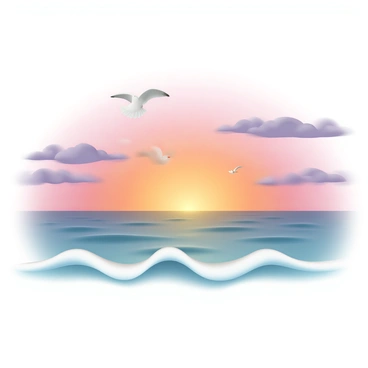 A wide view of the ocean, with gentle waves lapping at the shore. The sky is filled with vibrant colors as a sunset occurs, showcasing hues of orange, pink, and purple. A few seagulls are flying above the water, their wings spread wide as they glide through the colorful sky. The horizon line is visible where the ocean meets the sky, creating a serene and calming atmosphere.