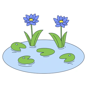 A tranquil pond surrounded by gentle greenery. The water is clear and reflects the sky above. Blooming blue lotus flowers rise elegantly above the surface, each with delicate petals and a bright yellow center. There are several round green lily pads floating on the water, some with droplets of water glistening on them. The scene is serene, with soft ripples in the water creating a soothing effect.