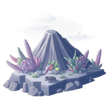 A volcanic island emerges from the ocean, with steep cliffs and a rugged, uneven terrain. The landscape is dotted with unique plants, featuring thick, waxy leaves that are well-suited for the harsh environment. Some plants display vividly textured bark and bright blossoms that contrast with the dark volcanic rock. Various species of adapted wildlife inhabit the area; a small, agile lizard basks in the sun on a warm stone, while brightly-colored birds perch amidst the foliage. The sky is overcast, hinting at the island's fiery origins, and the air is filled with a sense of both danger and wonder.