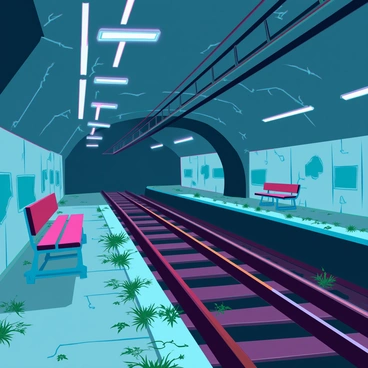An empty subway station with cracked concrete walls and peeling paint. The platform is covered in patches of green weeds and wildflowers, spilling over the edges. Dim, flickering fluorescent lights hang from the ceiling, casting a haunting glow across the scene. Abandoned benches sit at odd angles, and old, rusted tracks stretch into the darkness, hinting at the forgotten trains that once ran here. Shadows loom in the corners, adding to the desolate atmosphere.