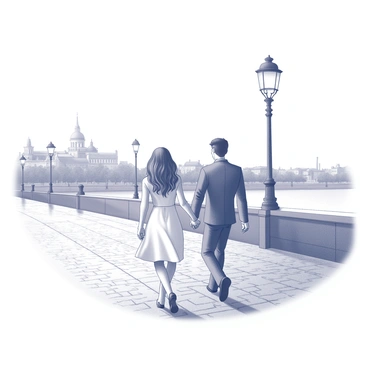 A couple walking hand in hand along the banks of the Seine River. The woman has flowing hair and is wearing a light, elegant dress, while the man is dressed in a smart casual outfit. Street lamps line the walkway, their light creating soft patterns on the cobblestone path. The background features the faint outline of historic buildings along the river, and the surface of the water reflects the light from the lamps, enhancing the tranquil atmosphere of the evening.
