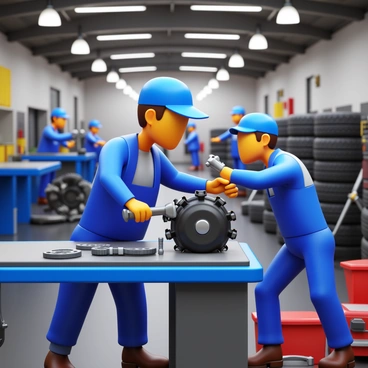 A mechanic wearing a blue jumpsuit and a cap is intently focused on a bus engine inside a bustling workshop. The mechanic is using a wrench to tighten bolts on the engine. Surrounding them are various tools neatly organized on a tool bench. In the background, there are other mechanics working on vehicles and stacks of tires. The workshop is filled with bright overhead lights, and there are parts of different vehicles scattered around, creating a lively and industrious atmosphere.