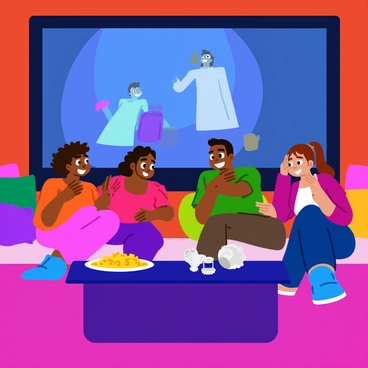 A cozy living room setting with a large television screen displaying scenes from a scary movie. Four friends are sitting together on a comfortable couch, with one friend, a girl with curly hair, hiding her face behind a large, fluffy pillow. Her eyes peek out from behind the pillow, showing a mix of fear and excitement. The other three friends, two boys and a girl, are laughing heartily; one boy has his hand on his knee, and the other girl has her head thrown back in laughter. Popcorn is scattered on the coffee table in front of them, and soft cushions are placed around the couch. There are dim lights creating a warm atmosphere, enhancing the mood of the movie night.
