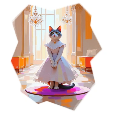 A stylish cat with a sleek coat and elegant features is posing in a grand hall, adorned with intricate architectural details. The cat is wearing an elaborate Victorian-era dress, complete with lace trim and a flowing skirt. The hall is filled with opulent decorations, including crystal chandeliers hanging from the high ceiling, and large, ornate windows that allow soft light to fill the space. The cat stands proudly on a plush velvet carpet, with a regal posture that complements its fashionable attire.