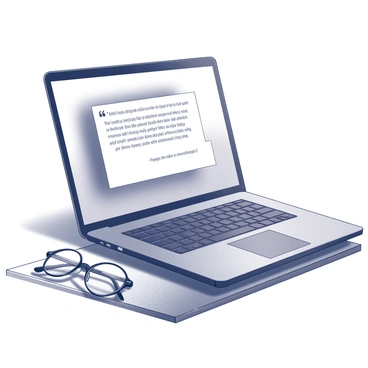 A laptop is positioned on a wooden desk. The screen displays an open email interface, showcasing a glowing testimonial from a happy client. The text within the email is clearly visible, with highlights and bold typography emphasizing the positive feedback. The laptop has a sleek design, and a pair of glasses rests next to it on the desk, indicating an inviting workspace. Soft light casts gentle shadows, enhancing the overall atmosphere of productivity and satisfaction.