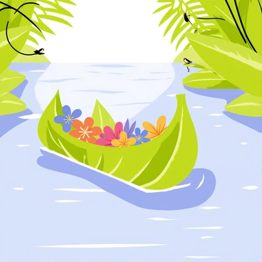 A small boat crafted from green banana leaves with intricate folds is floating on a gently flowing river. The boat has a curved shape and is filled with vibrant tropical flowers, creating a colorful contrast against the green leaves. The river has clear blue water with soft ripples reflecting the sunlight. Lush green foliage lines the banks of the river, and a few exotic birds can be seen perched on branches nearby. The overall scene is calm and lively, showcasing the beauty of nature.