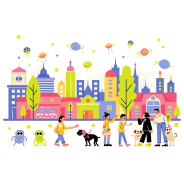 A vibrant city with colorful buildings and bustling streets is depicted under a playful alien invasion. The sky is filled with small, round alien spacecraft, each one beaming bright lights. Various small, cartoonish aliens with big eyes and funny expressions are running around, interacting with confused but amused residents. Some aliens are playfully lifting objects like cars and trees, while others are playing with dogs. A group of children is watching in delight, pointing and laughing at the spectacle. The scene is lively, filled with bright colors and whimsical details, creating a sense of joy amidst the chaos of the invasion.