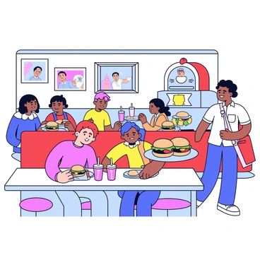 A classic diner with red vinyl booths and a shiny chrome counter. People are sitting in booths, some are smiling and chatting while others are focused on their meals. A waiter in a white uniform is carrying a tray with burgers and milkshakes. The burgers have fresh lettuce, tomatoes, and melted cheese, while the milkshakes are in tall, frosted glasses, topped with whipped cream and a cherry. The walls are decorated with retro photographs and neon signs. A jukebox in the corner is softly illuminated.