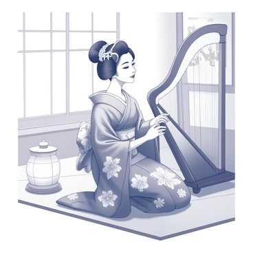 A geisha dressed in an elaborate kimono adorned with intricate patterns is seated gracefully on a tatami mat. Her hair is styled in a traditional bun, embellished with delicate hairpins. She is skillfully playing a traditional Japanese harp, known as a koto, with her fingers elegantly positioned over the strings. The room is softly illuminated by the warm glow of a paper lantern, casting gentle shadows that highlight the serene atmosphere. The walls are adorned with subtle, traditional Japanese artwork, contributing to the cultural ambiance of the setting.