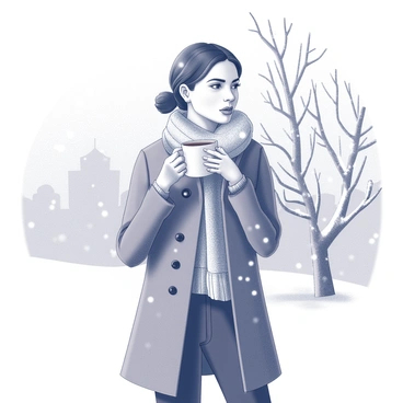A woman is standing outside on a snowy day. She is wearing a stylish winter coat that is tailored and fitted, enhancing her silhouette. Around her neck, she has a thick knitted scarf that adds texture and warmth. In her hands, she holds a steaming mug of hot cocoa, bringing it up to her lips, enjoying the warmth. Snowflakes are gently falling around her, creating a soft, wintery atmosphere. The background features a blanket of snow covering the ground and tree branches, emphasizing the cold, winter environment.