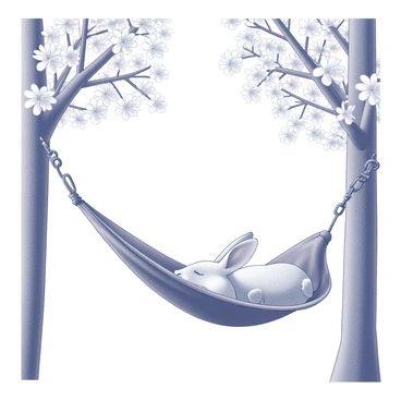 A hare resting comfortably in a hammock. The hammock is suspended between two trees that are full of blossoms, showcasing intricate details of the flowers and branches. The hare has its eyes closed and ears relaxed, portraying a sense of tranquility. The trees have textured bark and dense foliage, providing a lush backdrop for the scene. The overall composition emphasizes the gentle sway of the hammock, as well as the serene environment created by the blossoming trees.