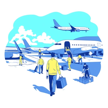 A yellow ground crew member wearing a reflective vest is guiding an airplane towards the runway on a busy airfield. In the background, multiple airplanes are lined up, with one taking off into the sky. Men and women of the ground crew are working diligently, some loading luggage onto a plane while others check equipment. The airfield is bustling with activity, and the sun casts distinct shadows across the tarmac. The blue sky overhead is dotted with a few fluffy clouds.