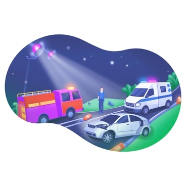 A nighttime scene depicting flashing lights of emergency vehicles at the site of a car accident.