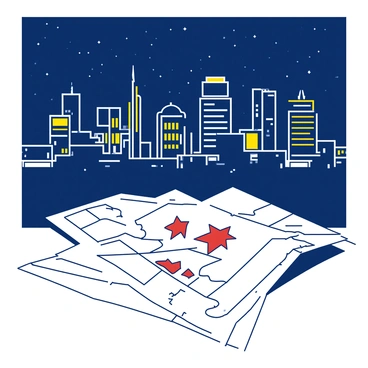 A nighttime view of a city skyline with various buildings illuminated by yellow and white lights. The buildings are tall and modern, with some featuring bright neon signs. In the foreground, there is a large map spread out, displaying the epicenter of an earthquake marked with a red star symbol. The map has details such as streets and landmarks, contrasting against the dark sky filled with twinkling stars.