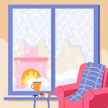 A frosted window with intricate ice patterns covering the glass surface. The patterns resemble delicate snowflakes and swirling designs. Through the window, the warm interior of a cozy room is visible, featuring a glowing fireplace with flames dancing. Soft, glowing light spills out from the window, illuminating the edges of the frost. A comfortable armchair is positioned near the fireplace, with a woolen blanket draped over it. A faint shadow of a steaming mug can be seen on a small table beside the chair, adding to the inviting atmosphere.