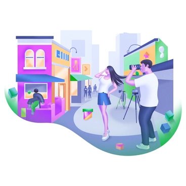 A vibrant city street filled with colorful buildings and bustling pedestrians. In the foreground, a photographer is focused on taking pictures of a model who is posing confidently. The model has long hair flowing in the breeze and is wearing a stylish outfit. The photographer holds a camera to their eye, and there are various photography equipment scattered around, including a tripod and a camera bag. The background features shops and cafes with people casually enjoying their day, adding to the lively atmosphere.