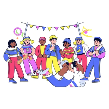 A person with a camera is focused on capturing vibrant costumes worn by festival attendees. The costumes feature bright colors such as red, blue, and yellow, adorned with intricate patterns and decorative elements. Around the person, there are groups of people engaging in various activities, such as dancing and playing musical instruments. The background includes festive decorations like banners and flags, adding to the lively atmosphere of the cultural festival.