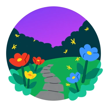 A twilight garden with a soft purple sky transitioning into darker shades. The scene features various blooming flowers in vibrant colors such as red, yellow, and blue, each flower delicately open and showcasing its petals. Sparkling fireflies flutter around, their tiny lights illuminating the soft green leaves. The garden is lush and well-kept, with a stone path winding through the flowers, leading deeper into the enchanting scene.