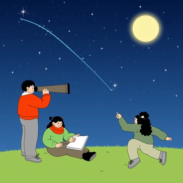 Peeps looking through telescopes at a breathtaking night sky