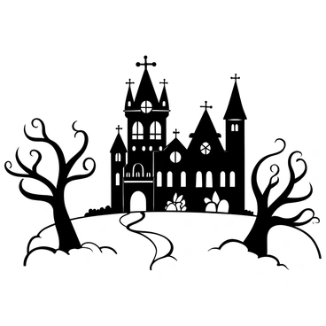 A large gothic mansion with towering spires and intricate architectural details stands prominently in the center of the scene. The mansion features arched windows and ornate stonework. Thick, swirling mist envelops the base of the mansion, obscuring the ground and creating an eerie atmosphere. Dark trees with twisting branches are positioned around the mansion, partially shrouded by the mist. The sky is overcast, adding to the mysterious aura of the scene.